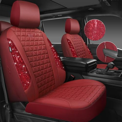 CAR PASS Bling Diamond Burgundy Leather Car Seat Covers Full Sets Interior Sets, Waterproof Shining Glitter Sparkly Crystal Universal Armrest Fit Automotive Truck SUV Cute Women Girl, Red Rhinestone - color: Burgundy Rhinestone, size: Full Set