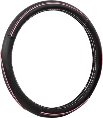 CAR Pass Colour Piping Leather Universal Fit Steering Wheel Cover, Perfectly fit for 14.5-15 inches Suvs, Vans, Trucks, Sedans, Cars (Black&Pink) - color: Black&Pink