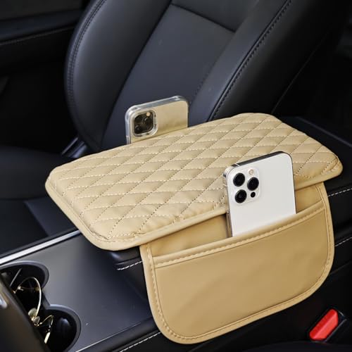 Car Center Console Cover,Microfiber Leather Car Armrest Cover Cushion with Storage Bags, Universal Car Armrest Storage Box Car Interior Accessories for Most Vehicles, Beige - color: Beige