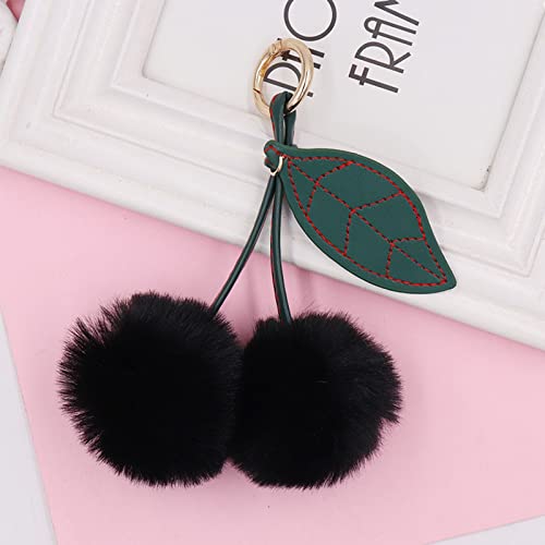 Cute Faux Rabbit Fur Ball Pom Pom Keychain Car Key Ring Handbag Tote Bag Pendant Purse Charm - color: Cherry-black