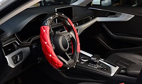 Diamond Soft Leather Steering Wheel Cover with Bling Bling Crystal Rhinestones, Universal 15 inch, Black Red - color: Black and Red, size: Medium(Standard) Size[14.5"-15"]