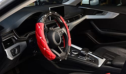KAFEEK Diamond Soft Leather Steering Wheel Cover with Bling Bling Crystal Rhinestones, Universal 15 inch, Black Red - color: Black and Red, size: Medium(Standard) Size[14.5"-15"]