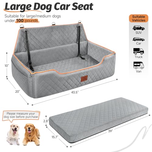 Large Dog Car Seat for Dods Under 100 Lbs, Memory Foam Dog Car Bed for Backseat & Trunk, Detachable and Washable Cover, Pet Travel Seat with Storage Pockets, 2 Safety Belts - color: Gray