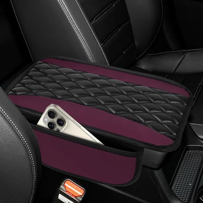 wuyaoyao Car Center Console Cover, 12.2"×7.5" Waterproof Leather Auto Armrest Cover Protector with Side Pockets, Stylish Comfortable Vehicle Arm Rest Box Cushion Pad, Car Accessories (Purple) - color: Purple