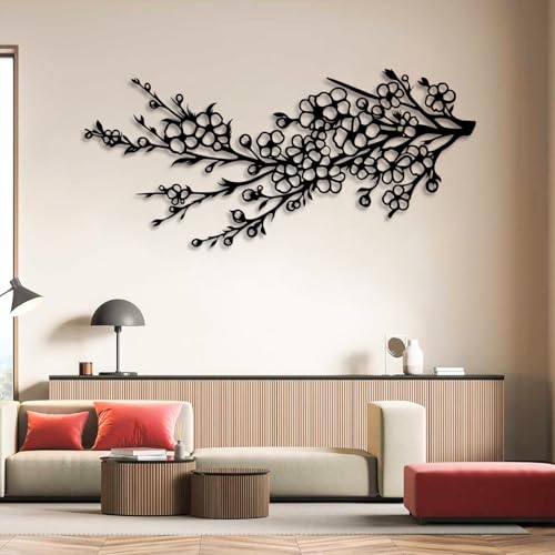 Cherry Blossom Branch Metal Wall Art, Metal Tree Wall Decor, Metal Flowers Wall Decor, Japanese Wall Art, Floral Wall Art, Branch Wall Decor, Modern Japanese Tree Art, Living Room Wall Hangings (Black, 39"x 17"| 100x45cm ) - color: Black, size: 39"x 17"|