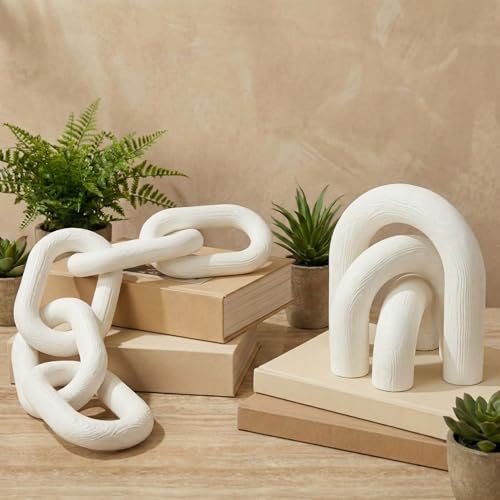 Yerliker 2 Pack Wood Chain Link and Arch Decor White Wooden Shelf Decor for Shelves, Coffee Table Sculpture, Bookshelf Accessories, Entryway Table Decorations