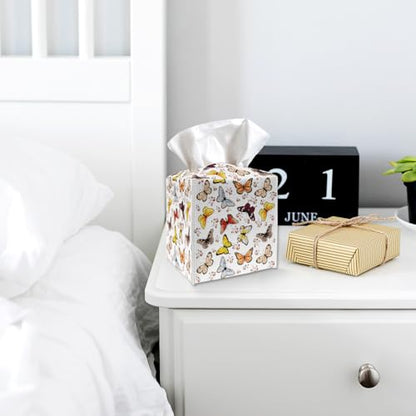 Tissue Box Cover Holder, Colorful Butterfly PU Leather Tissue Box Cover with Bottom Belt, Square Facial Paper Organizer for Tabletop, Bathroom, Kitchen, Car & Office -045 - color: Butterfly