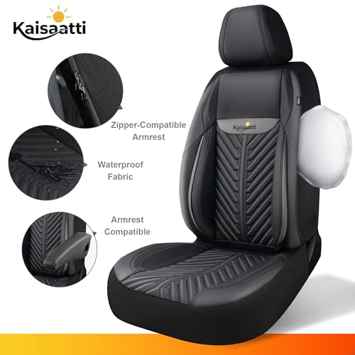 PU Leather Car Seat Covers Full Set – Waterproof seat Cover for Cars，3D Foam Support Automotive seat Covers ，Airbag Compatible, Universal Fit for Cars SUVs Trucks Sedans（Black/Grey）