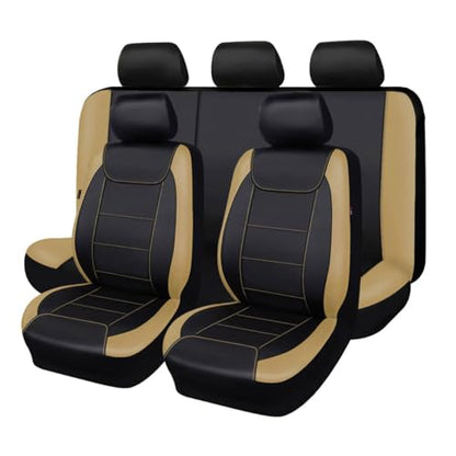 Flying Banner car seat Covers Protects Water Proof Faux Leather Carbon Fiber Front and Rear Bench (Black Beige, Full Set - 8PCS) - color: Black Beige, size: Full Set -- 8PCS
