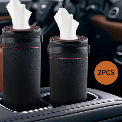 2 Pcs Car Tissues Cylinder Leather Round Tissues Container Car Tissues Holder with Tissues Cylinder Tissue Box with Window Breaker for Car Vehicle Bathroom Office