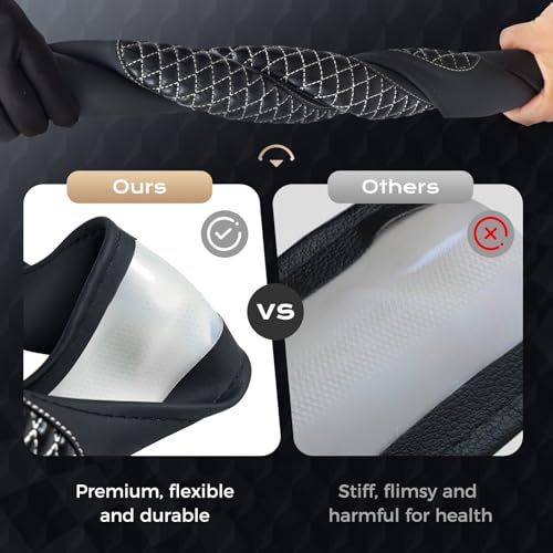 Coverado Car Steering Wheel Cover, Nappa Leather Black & Grayline Steering Wheel Covers, Universal 14-15 inch, Anti-Slip, Breathable Steering Wheel Protector for Women Men - color: C-Greyline