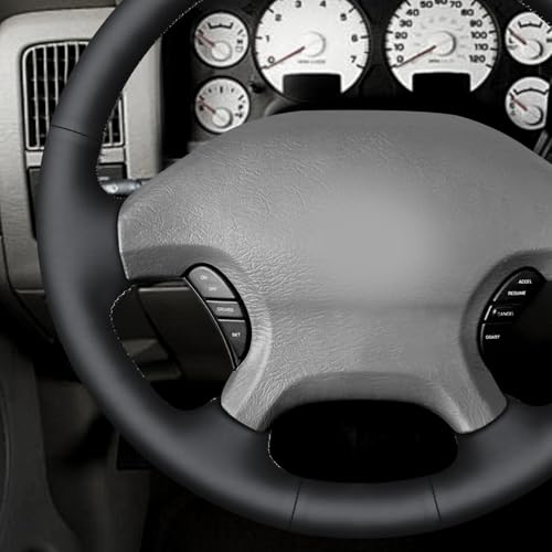 MEWANT Hand Stitch Black Smooth Real Leather Steering Wheel Cover for Dodge Ram 1500 2002-2003 Ram 1500 Truck Accessory - color: Black Smooth Real Leather&Grey Thread