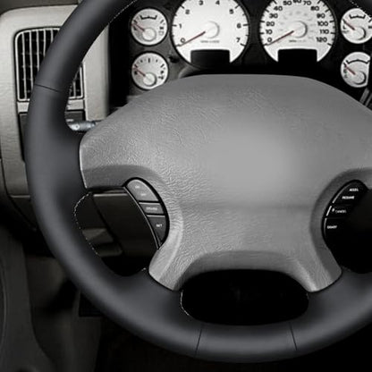 MEWANT Hand Stitch Black Smooth Real Leather Steering Wheel Cover for Dodge Ram 1500 2002-2003 Ram 1500 Truck Accessory - color: Black Smooth Real Leather&Grey Thread