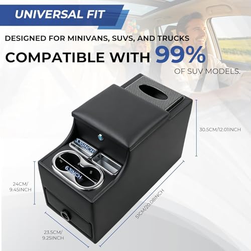Center Console Between Seats for Minivans, SUVs, Middle Vans & Trucks with Locking & Tissue Box, 20 ''(L) × 9.84''(W) × 13''(H) Universal Floor Center Console(Black), No-Drill installal