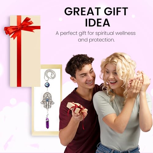 LUCKBOOSTIUM Hand Protection Amulet Car Rearview Mirror Hanging Ornament Accessories with Evil Eye Good Luck Charms - (2"x11", Amethyst) - color: Amethyst