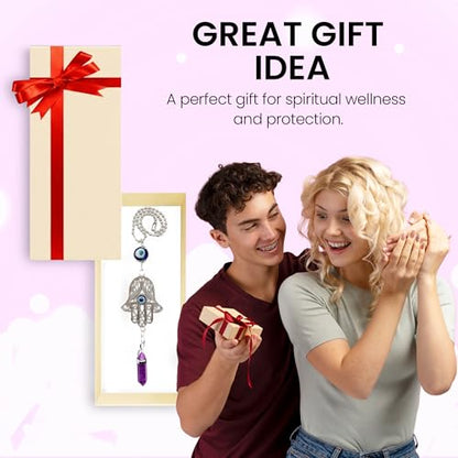 LUCKBOOSTIUM Hand Protection Amulet Car Rearview Mirror Hanging Ornament Accessories with Evil Eye Good Luck Charms - (2"x11", Amethyst) - color: Amethyst