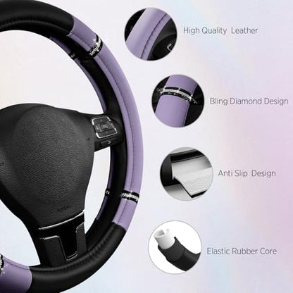 Road Comfort Leather Steering Wheel Cover – Premium Anti-Slip Car Steering Wheel Grip Cover – Universal Fit for 14.5”–15” Cars, Trucks & SUVs - Purple - color: Purple