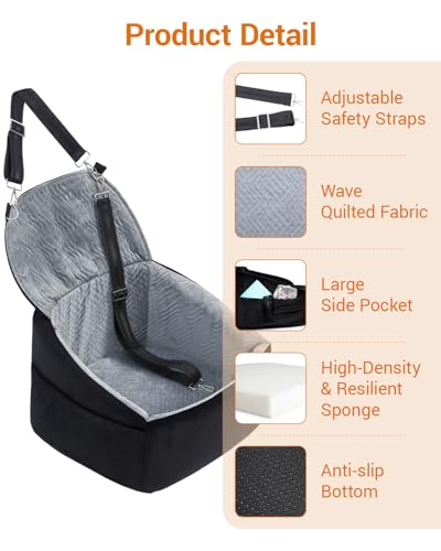 Dog Car Seat for Small Dogs, Dog Booster Seat with Extendable Backrest, Pet Car Seats up to 30 lbs, Washable Removable Cover Travel Bed with Storage Pockets and 2 Safety Leashes, Black&Grey - color: Black&Grey
