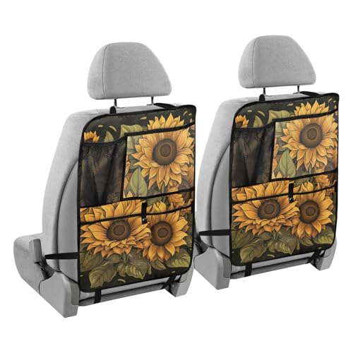 JIPONI Car Backseat Organizer, Sun Flowers Automotive Back Seat Protector, Kick Mats with Storage Pockets for Kids Pets, Road Trip Accessories (2 Pack) - color: Sunflowers 2, size: 2 Pack