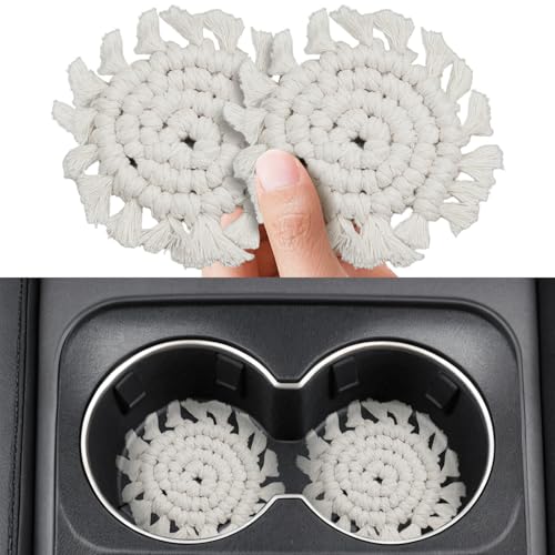 Car Cup Holder Coaster 2 Pack, Cotton Car Coaster for Cup Holders Insert, Macrame Boho Cup Holder Car Coasters Accessories Interior for Women (Beige) - color: Beige