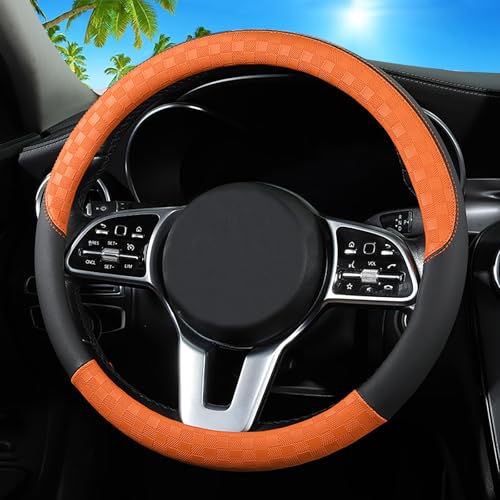 Car Leather Steering Wheel Cover - Panapi Material, Universal 14.5-15 Inch Leather Anti-Slip Breathable Auto Steering Wheel Covers for Men Women (Chessboard-Orange) - color: Chessboard-Orange