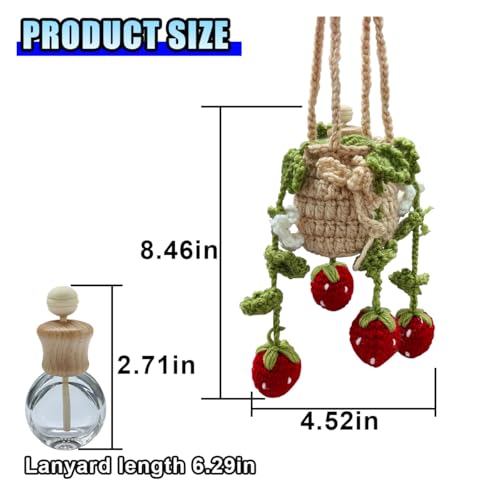 Crochet Hanging Plant Car Pendant - 12ml Empty Refillable Glass Bottle and Cute Potted Plant Car Rear View Mirror Charm - Handmade Knitted Ornament (Strawberry)