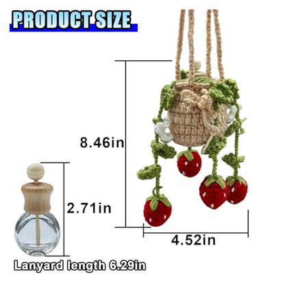 Crochet Hanging Plant Car Pendant - 12ml Empty Refillable Glass Bottle and Cute Potted Plant Car Rear View Mirror Charm - Handmade Knitted Ornament (Strawberry)