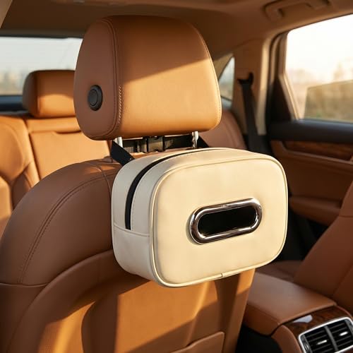 Compact Car Tissue Holder – Premium PU Leather Tissue Box, Fits 100 Sheets, Black Car Storage Organizer for Seat/Headrest/Center Console/Visor (Beige) - color: Beige