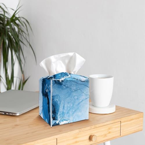 Blue Tissue Box Cover Holder, Abstract Liquid Marble PU Leather Tissue Box Cover with Bottom Belt, Square Facial Paper Organizer for Tabletop, Bathroom, Kitchen, Car & Office -041 - color: Blue Marble 2