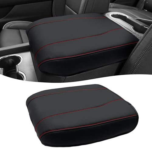 Center Console Cover for Chevy Silverado 1500 Accessories & GMC Sierra 2019-2026, Yukon & Tahoe & Suburban 2021-2026, Bucket Seat Only, Vinyl Armrest Middle Console Cover, Black-Red Stitch - color: Black with red stitching