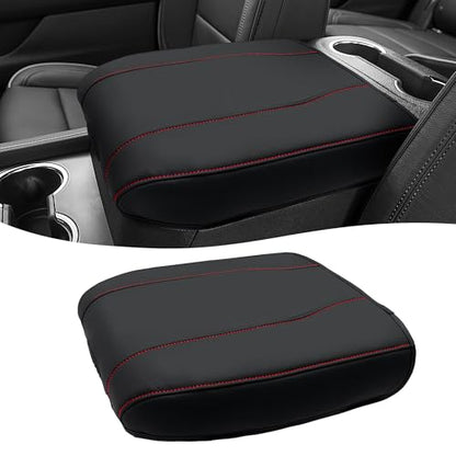 Center Console Cover for Chevy Silverado 1500 Accessories & GMC Sierra 2019-2026, Yukon & Tahoe & Suburban 2021-2026, Bucket Seat Only, Vinyl Armrest Middle Console Cover, Black-Red Stitch - color: Black with red stitching