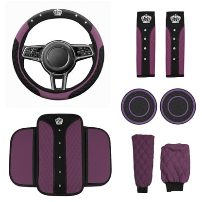 Wuyaoyao 8PCS Car Accessories Set, Bling Crown Leather Car Steering Wheel Cover w/Armrest Pad, Seat Belt Cover Pads, Gear Shift & Handbrake Covers, Cup Holder Coasters, Auto Interior Decor (Purple)