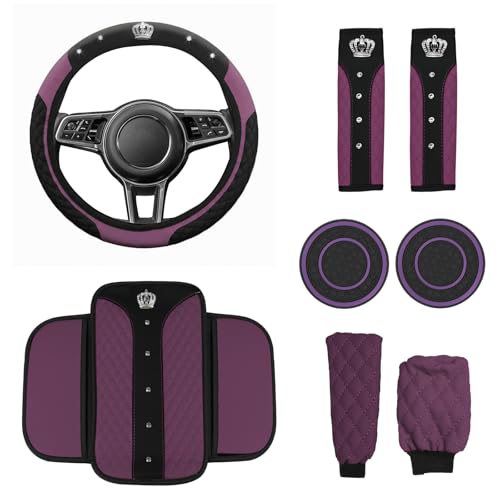 Wuyaoyao 8PCS Car Accessories Set, Bling Crown Leather Car Steering Wheel Cover w/Armrest Pad, Seat Belt Cover Pads, Gear Shift & Handbrake Covers, Cup Holder Coasters, Auto Interior Decor (Purple)