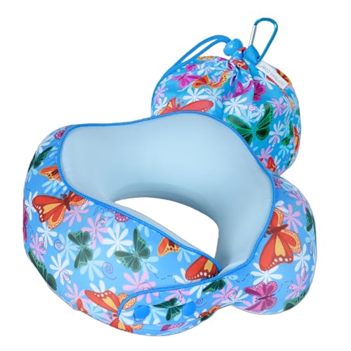 SKYTRAX® Certified Kids Safe Memory Foam Travel Neck Pillows for Kids and Toddlers Cute Cartoon Design, Car Seat & Airplane Head Neck Support, Adjustable Snap Buttons Washable Soft Cover (Butterfly) - color: Butterfly