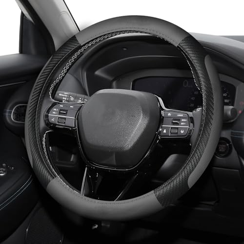 Leather Car Steering Wheel Cover, Universal 15 inch Microfiber Leather Steering Wheel Cover, Anti-Slip Breathable Steering Wheel Decoration, Steering Wheel Accessories for Women Men - color: Black Gray