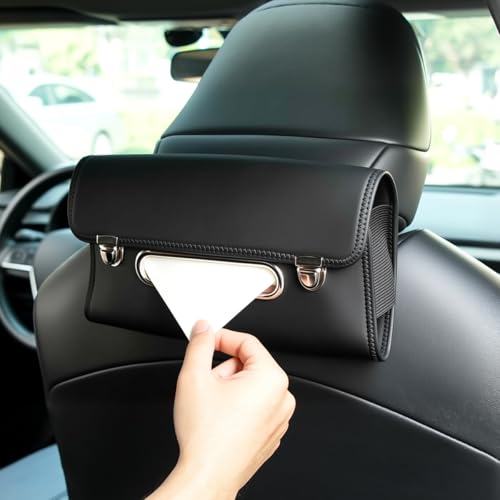 Car Tissue Holder, PU Leather Large Back Seat Tissue Box with Adjustable Straps, Trendy Rectangle Napkin Holder for Car, can Holding on Headrest/Sun Visor/Console