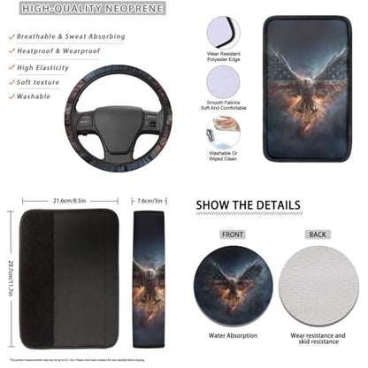 16 Piece Car Interior Cover, Eagle Printed Soft Stretch Front and Back Seat Covers for Cars, Steering Wheel Covers Arm Rest Pads Headrest Cover Seat Belt Pads Coaster Lipstick Holder Keychain - color: Blue and Yellow - Eagle