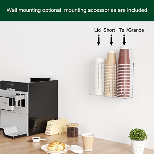 Disposable Coffee Cup Dispenser with Handles, Countertop or Wall Mount Hot/Cold Drink Cup and Lid Holder - Bathroom/Kitchen/Office Acrylic Cup Lid Storage Organizer (3 Compartments, Clear)