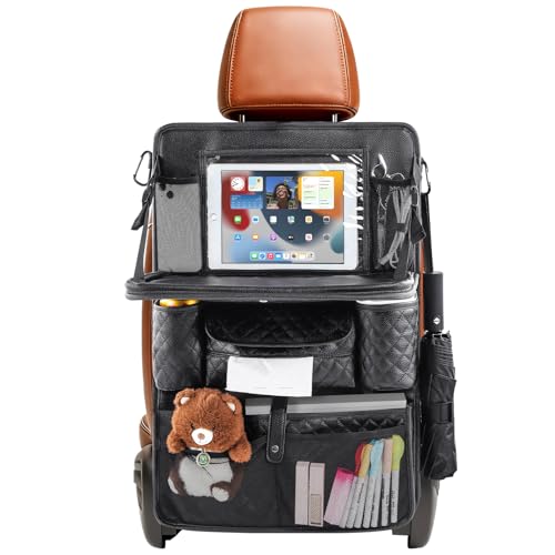 Car Seat Organizer with Foldable Table Tray - 11 Storage Pockets PU Leather Backseat Organizer with Tablet Holder, Seat Back Protector Kick Mat for Kids Family Road Trip Accessories (Black)