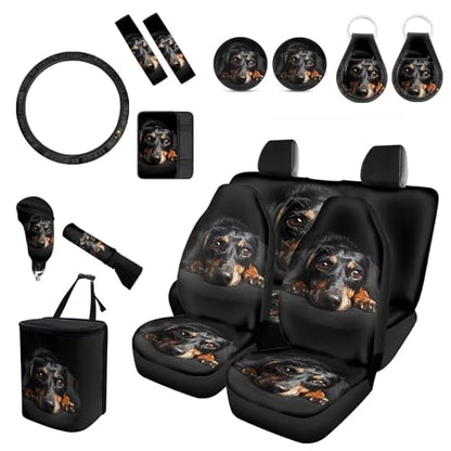 Forchrinse Dachshund Car Accessories Set 15pcs,Car Front Back Seat Covers,Steering Wheel Cover,Seat Belt Pads Gear Shift Knob Handbrake Cover Cup Holder Trash Can for Men Women Gift - color: Dachshund