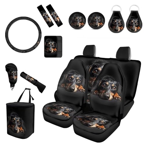 Forchrinse Dachshund Car Accessories Set 15pcs,Car Front Back Seat Covers,Steering Wheel Cover,Seat Belt Pads Gear Shift Knob Handbrake Cover Cup Holder Trash Can for Men Women Gift - color: Dachshund