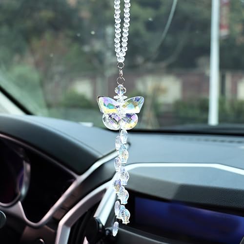 Crystal Butterfly Car Rear View Mirror Hanging Ornament Lucky Butterfly with Fishes Tassel Bead Sun Catcher Pendant Car Interior Decoration Accessories - color: Crystal Butterfly - Colorful