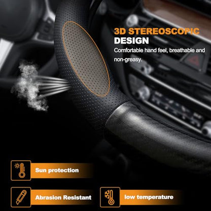 Carbon Fiber Leather Sport Car Steering Wheel Cover Sports Steering Wheel High-Grade Leather Set Stylish Non-Slip Leather car Interior 15 inches for All Car Steering Wheel Cover