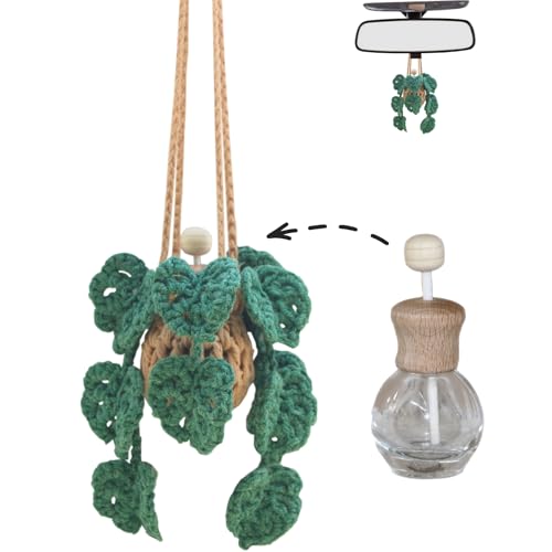 Cute Crochet Car Plant Monstera Essential Oil Diffuser Bottle - 12ml Refillable, Green Car Accessory for Mirror Decor and Home Decor - style: Monstera
