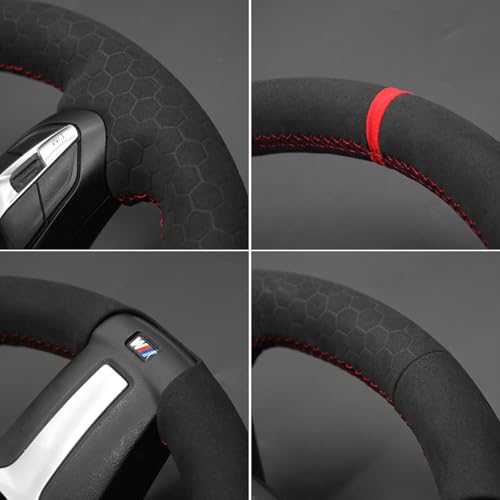 MEWANT Hand-Stitched Steering Wheel Cover for BMW (M Sport) F22 F23 F30 F34 F32 F33 F36 F10 F07 F12 F13 F06 F39 F25 F26 F15 F16, DIY Custom Fit Steering Wheel Wrap for BMW - color: 45:red stripe + red thread