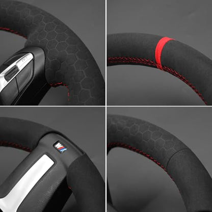 MEWANT Hand-Stitched Steering Wheel Cover for BMW (M Sport) F22 F23 F30 F34 F32 F33 F36 F10 F07 F12 F13 F06 F39 F25 F26 F15 F16, DIY Custom Fit Steering Wheel Wrap for BMW - color: 45:red stripe + red thread