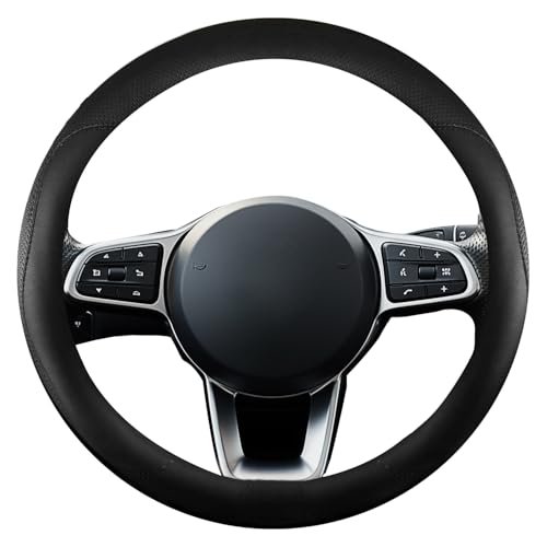 Leather Car Steering Wheel Cover, Breathable Laser-Perforated, Pure Black Double Lines, Premium Texture, 14.5-15 Inch for Subaru - color: Pure black dual lines, size: For Subaru