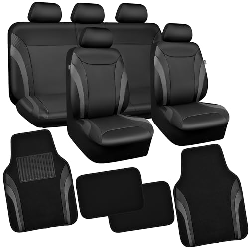 CAR PASS Premium Carbon Fiber Leather Car Seat Covers Full Set and Waterproof Car Floor Mats,Airbag Compatible,Automotive Interior Covers for Sedans,Trucks,Vans,SUV with Car Carpet Mats(Black) - color: Pure Black