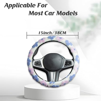 Plush Flowers Steering Wheel Cover Auto Plush Steering Wheel Protector, Anti-Slip, Breathable, Absorbing Sweat, Universal Car Accessories 14.5–15 inch,Fit for Most Car, Trucks, SUV - style: Plush Flowers