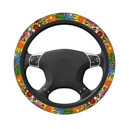 Hippie Flower Neoprene Steering Wheel Cover for Men Women Anti-Slip Elastic Steering Wheel Protective Cover 15in Universal Car Accessories Fit Cars, SUVs, Auto - color: Hippie Flower